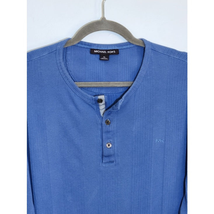 Michael Kors Mens Blue Ribbed Knit Henley Shirt Size XL