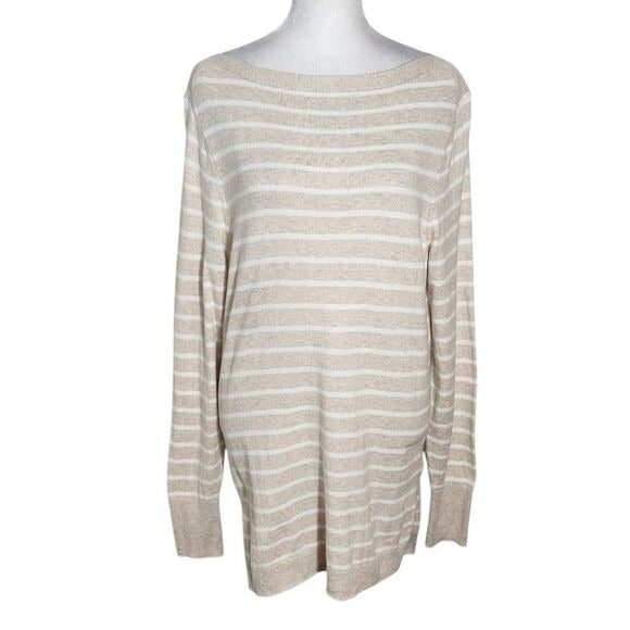 J. Crew Tan Stripe Boatneck Tunic Sweater Size Medium Preppy Stripe Sweater