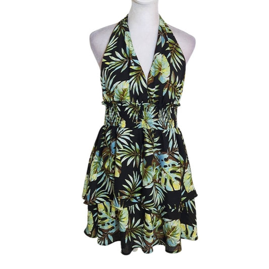 Madden NYC Green and Black Floral Print Halter Mini Dress Size Large