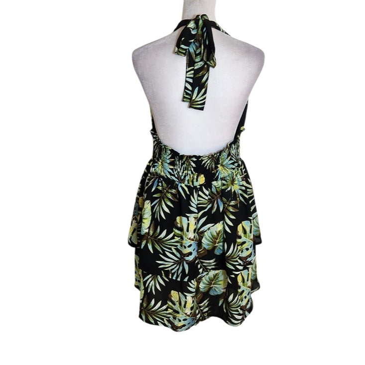 Madden NYC Green and Black Floral Print Halter Mini Dress Size Large