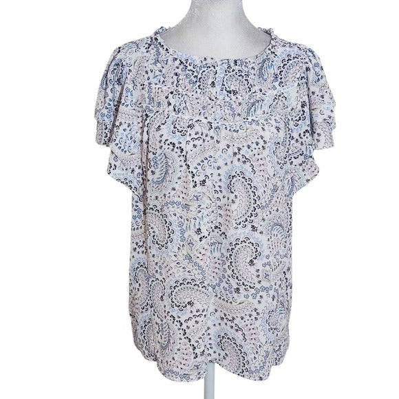 Loft Paisley Print Women's Blouse with Layered Ruffle Sleeves Size Medium