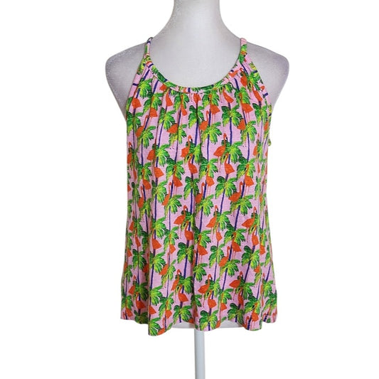 Bouffants & Broken Hearts Pink Flamingo Palm Print Linen Tank Top Size Medium