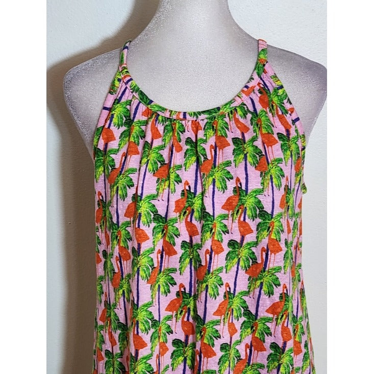 Bouffants & Broken Hearts Pink Flamingo Palm Print Linen Tank Top Size Medium