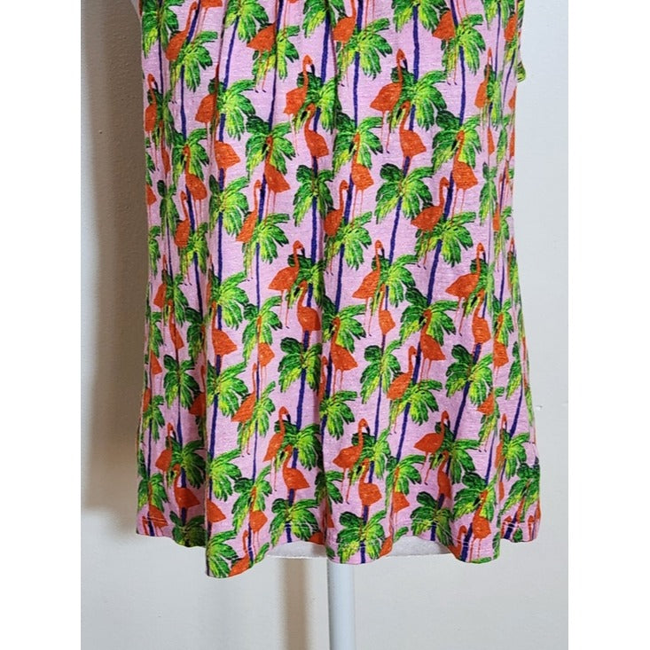 Bouffants & Broken Hearts Pink Flamingo Palm Print Linen Tank Top Size Medium