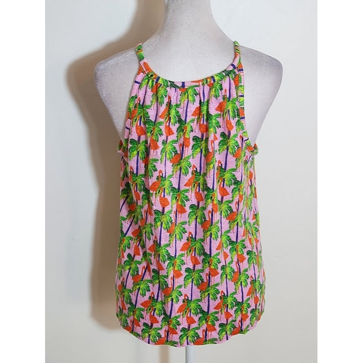 Bouffants & Broken Hearts Pink Flamingo Palm Print Linen Tank Top Size Medium
