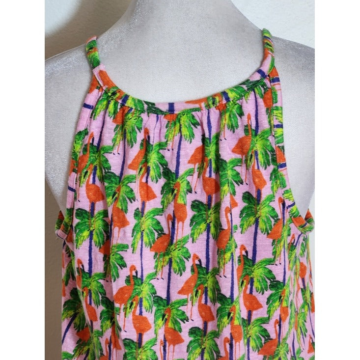 Bouffants & Broken Hearts Pink Flamingo Palm Print Linen Tank Top Size Medium