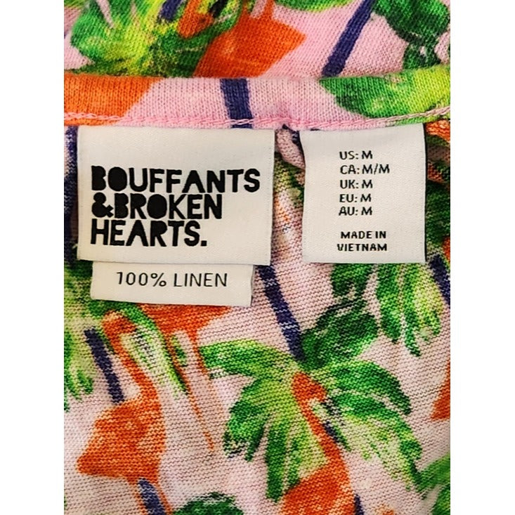 Bouffants & Broken Hearts Pink Flamingo Palm Print Linen Tank Top Size Medium