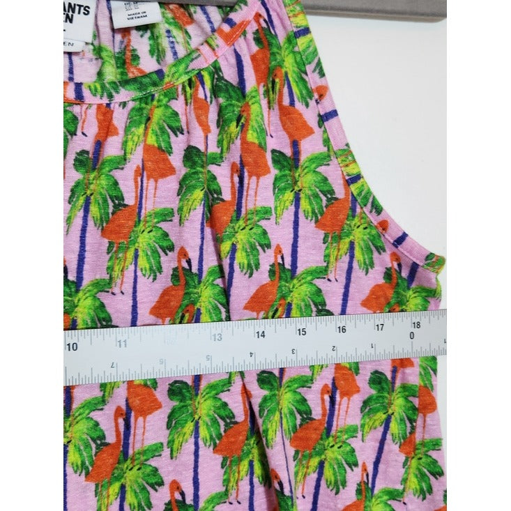 Bouffants & Broken Hearts Pink Flamingo Palm Print Linen Tank Top Size Medium