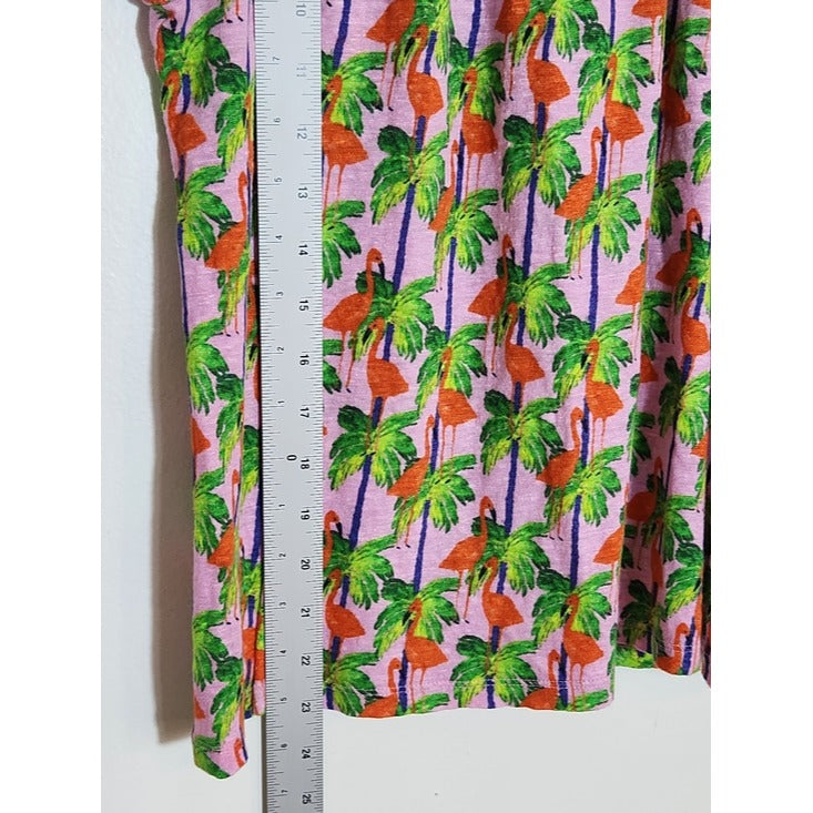 Bouffants & Broken Hearts Pink Flamingo Palm Print Linen Tank Top Size Medium