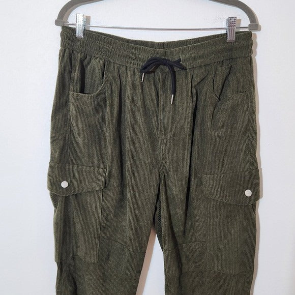 Shein Women's Army Green Corduroy Cargo Pants with Drawstring Waist Size XL