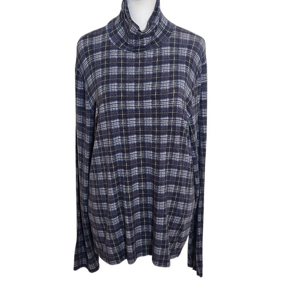 Vince Long Sleeve Fitted Navy Plaid Turtleneck Top Size XL