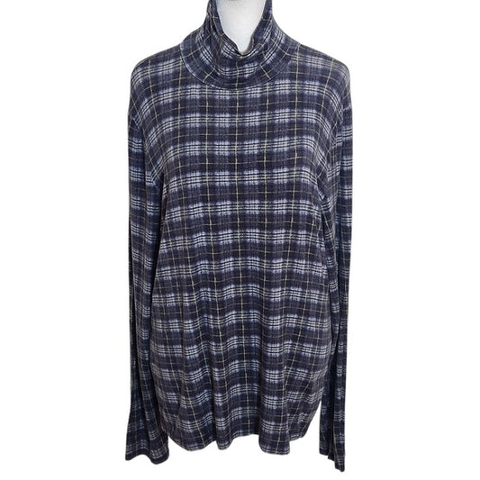 Vince Long Sleeve Fitted Navy Plaid Turtleneck Top Size XL