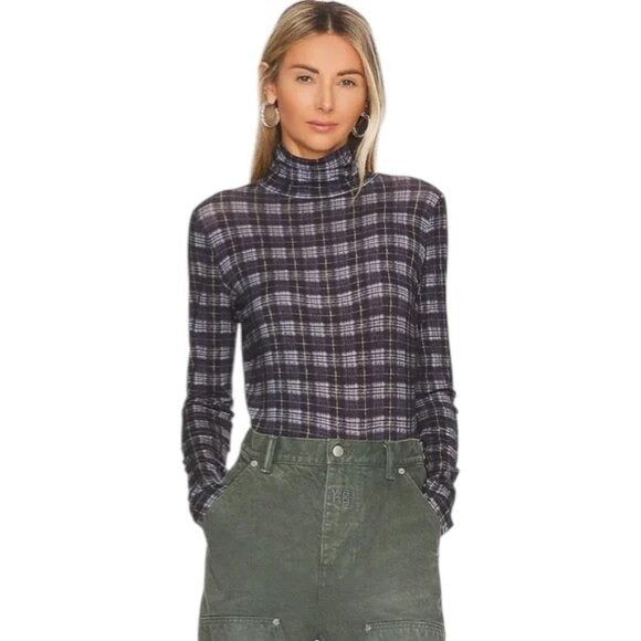 Vince Long Sleeve Fitted Navy Plaid Turtleneck Top Size XL