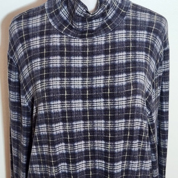 Vince Long Sleeve Fitted Navy Plaid Turtleneck Top Size XL