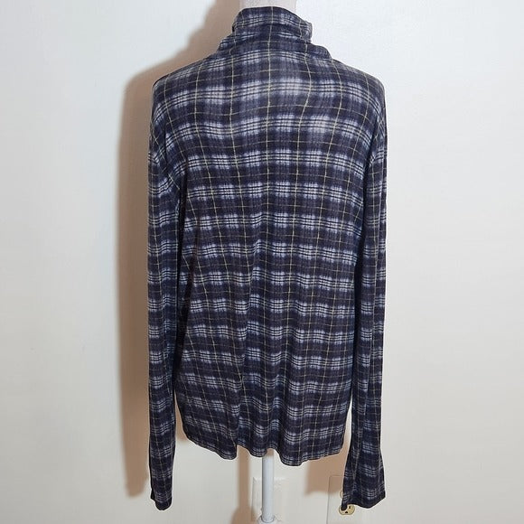Vince Long Sleeve Fitted Navy Plaid Turtleneck Top Size XL