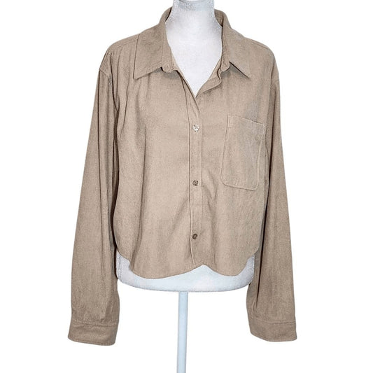Love Tree Long Sleeve Khaki Corduroy Cropped Button Down Shirt Size Large