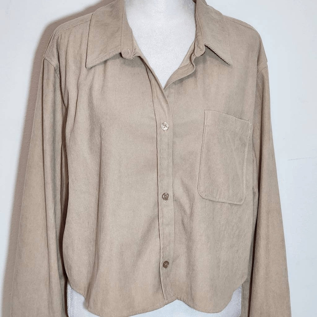 Love Tree Long Sleeve Khaki Corduroy Cropped Button Down Shirt Size Large