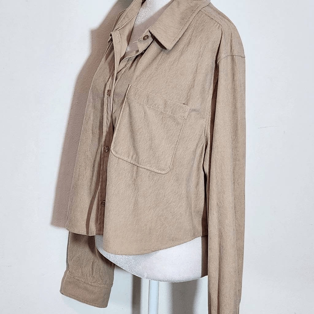 Love Tree Long Sleeve Khaki Corduroy Cropped Button Down Shirt Size Large