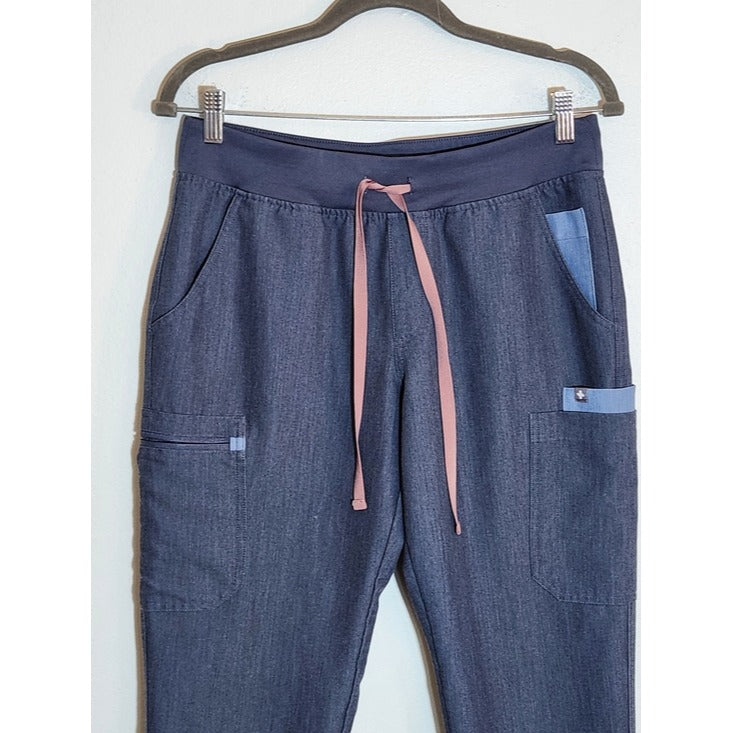 Figs Blue Scrub Pants with Pink Drawstring Size Medium Petite