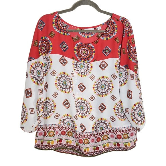 New York & Company Multi-Color Red and White Sheer Blouse Size Large