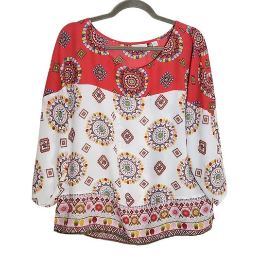 New York & Company Multi-Color Red and White Sheer Blouse Size Large