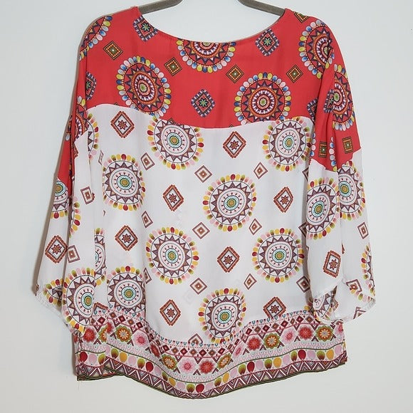 New York & Company Multi-Color Red and White Sheer Blouse Size Large