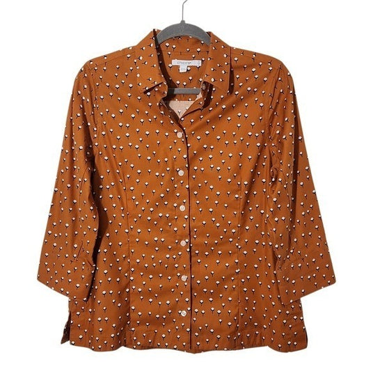Chico's Burnt Orange Button-Up Blouse Size Small Cotton Print Top