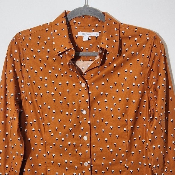 Chico's Burnt Orange Button-Up Blouse Size Small Cotton Print Top