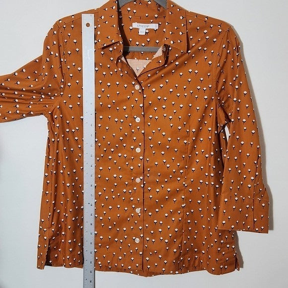 Chico's Burnt Orange Button-Up Blouse Size Small Cotton Print Top