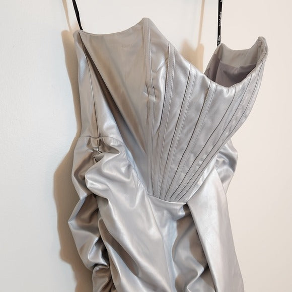 Lavish Alice Metallic Silver Faux Leather Corset Mini Dress Size 14