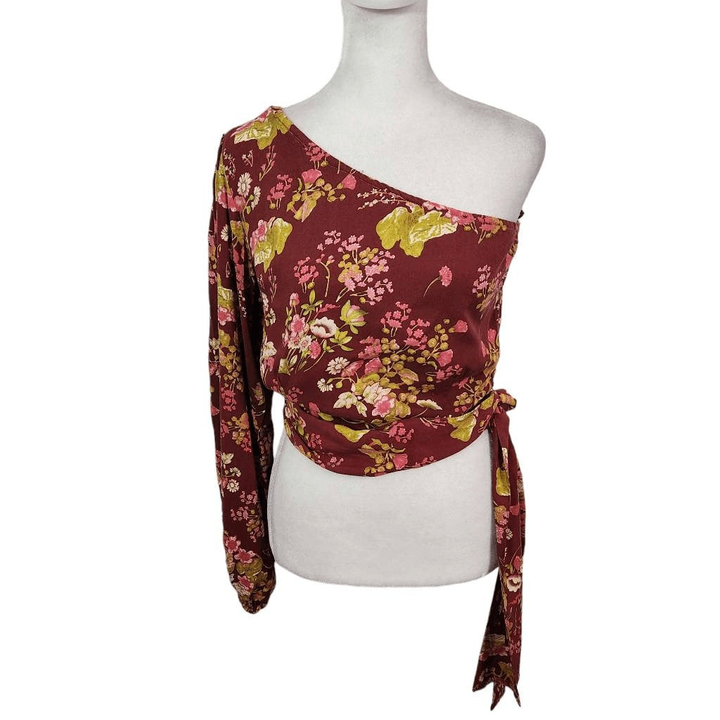 Rachel Roy Burgundy Floral Cropped One Shoulder Top NWT Size XS Floral Top