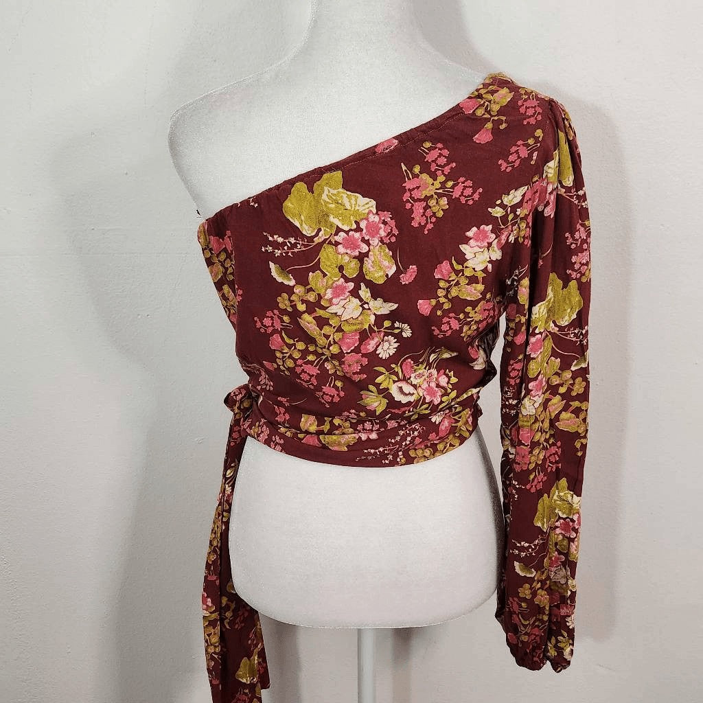Rachel Roy Burgundy Floral Cropped One Shoulder Top NWT Size XS Floral Top