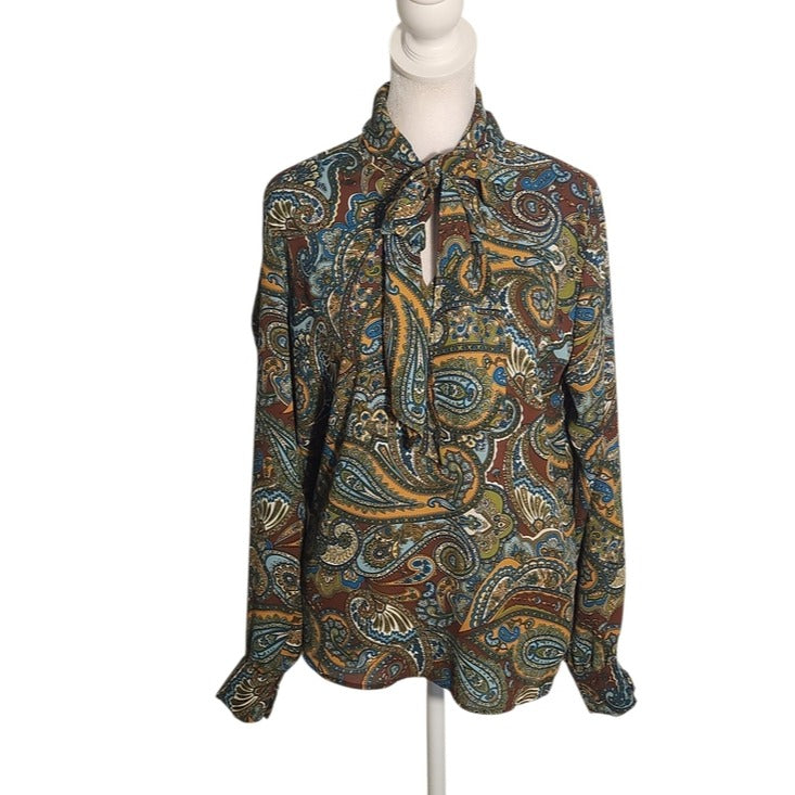 Ellen Weaver Womens Multicolor Paisley Blouse with Tie Neckline Size Small