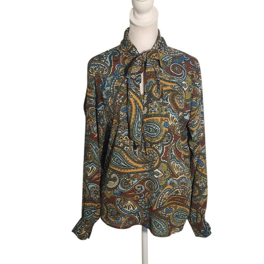 Ellen Weaver Womens Multicolor Paisley Blouse with Tie Neckline Size Small