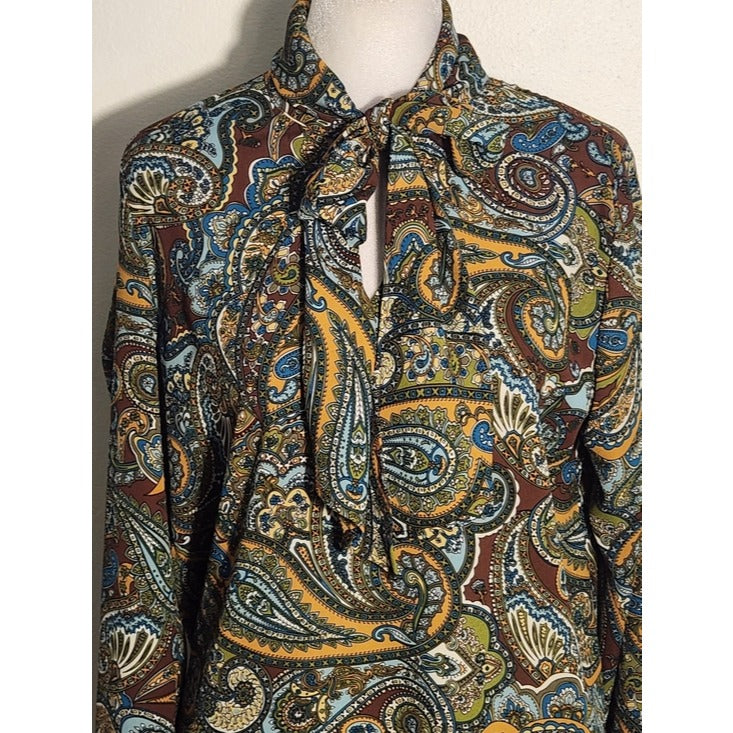Ellen Weaver Womens Multicolor Paisley Blouse with Tie Neckline Size Small