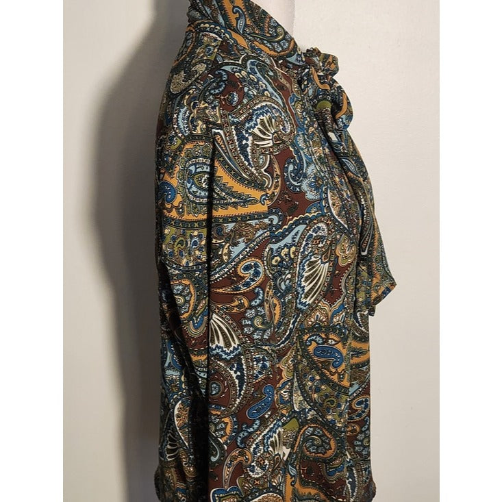 Ellen Weaver Womens Multicolor Paisley Blouse with Tie Neckline Size Small