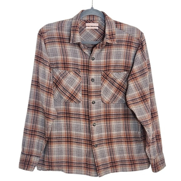 Urban Outfitters Gray and Brown Plaid Distressed Flannel Shirt Size Small