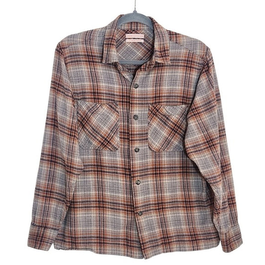 Urban Outfitters Gray and Brown Plaid Distressed Flannel Shirt Size Small