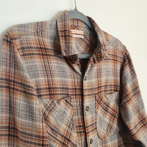 Urban Outfitters Gray and Brown Plaid Distressed Flannel Shirt Size Small