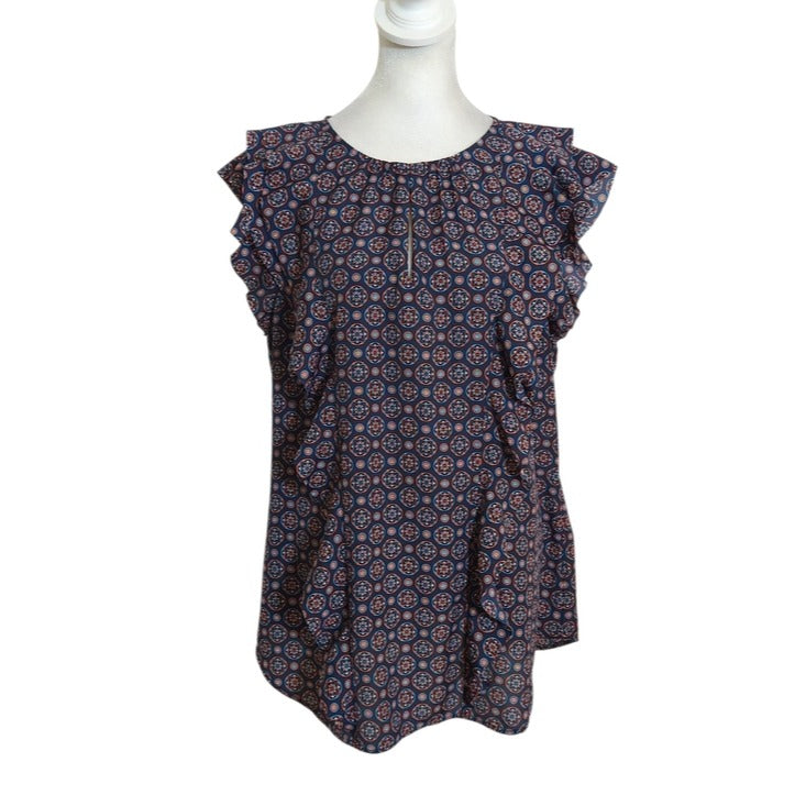 Banana Republic Navy Medallion Print Ruffle Blouse Size Large