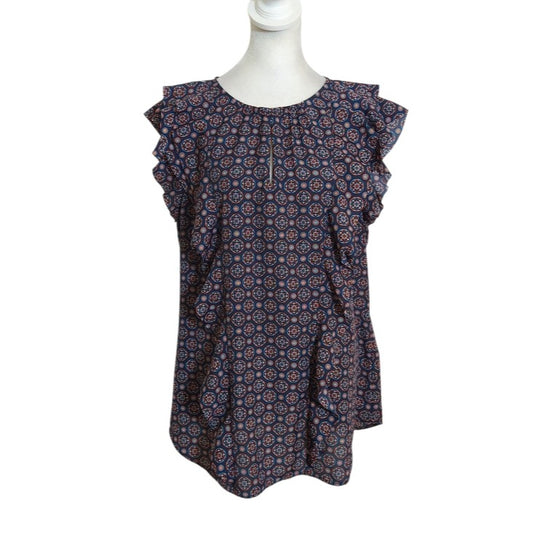 Banana Republic Navy Medallion Print Ruffle Blouse Size Large