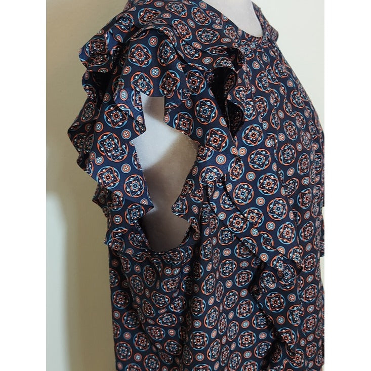 Banana Republic Navy Medallion Print Ruffle Blouse Size Large