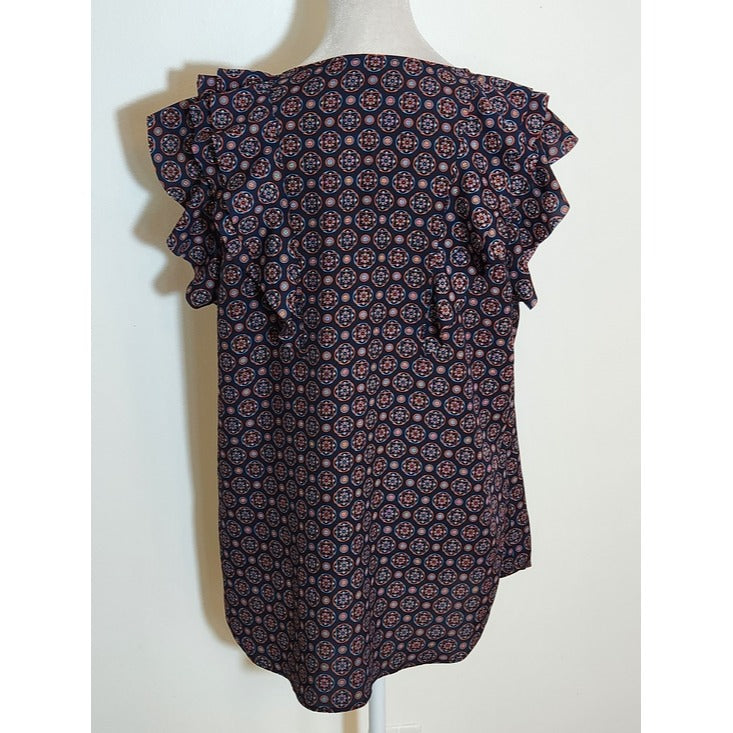 Banana Republic Navy Medallion Print Ruffle Blouse Size Large