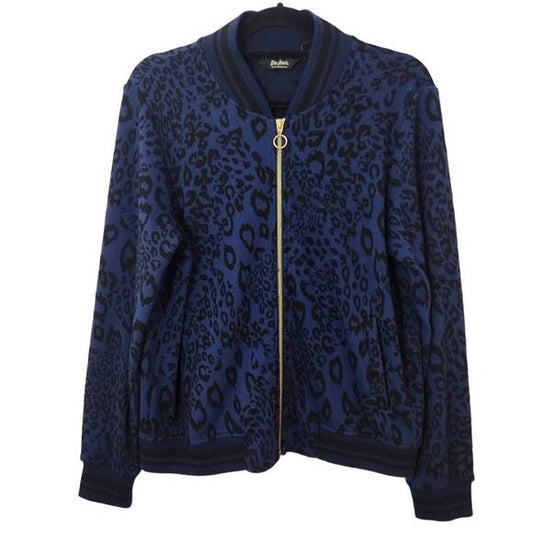 Du Jour Blue Leopard Print Jacket Size Small Zip-Up Sweater Bomber Jacket