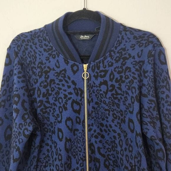 Du Jour Blue Leopard Print Jacket Size Small Zip-Up Sweater Bomber Jacket