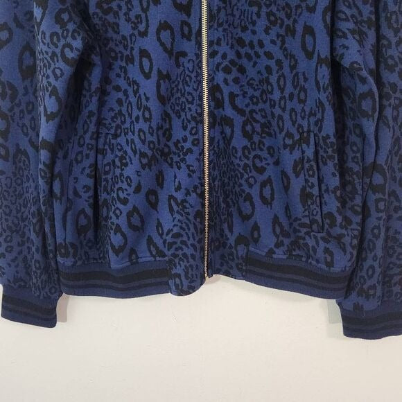 Du Jour Blue Leopard Print Jacket Size Small Zip-Up Sweater Bomber Jacket