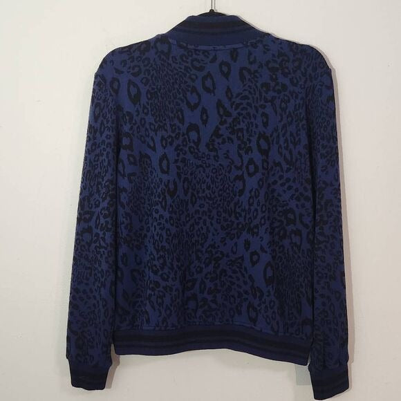 Du Jour Blue Leopard Print Jacket Size Small Zip-Up Sweater Bomber Jacket