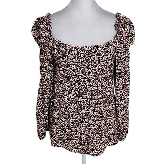 Maje Black and Pink Floral Smocked Ruffle Blouse Size 2 NWT