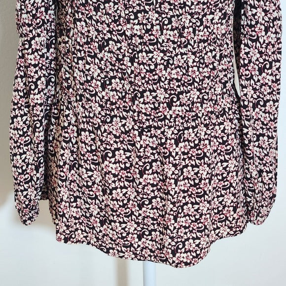 Maje Black and Pink Floral Smocked Ruffle Blouse Size 2 NWT
