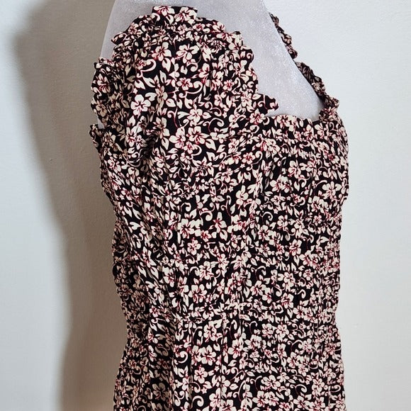 Maje Black and Pink Floral Smocked Ruffle Blouse Size 2 NWT